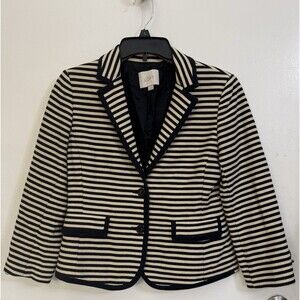 LOFT Open Front Blazer Jacket Navy Blue White Beige Stripe Size 6